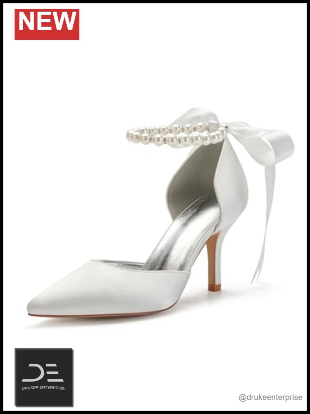 Women's Pearl Satin Wedding Shoes for Bride High Heels Pointed Toe Bridal Pumps